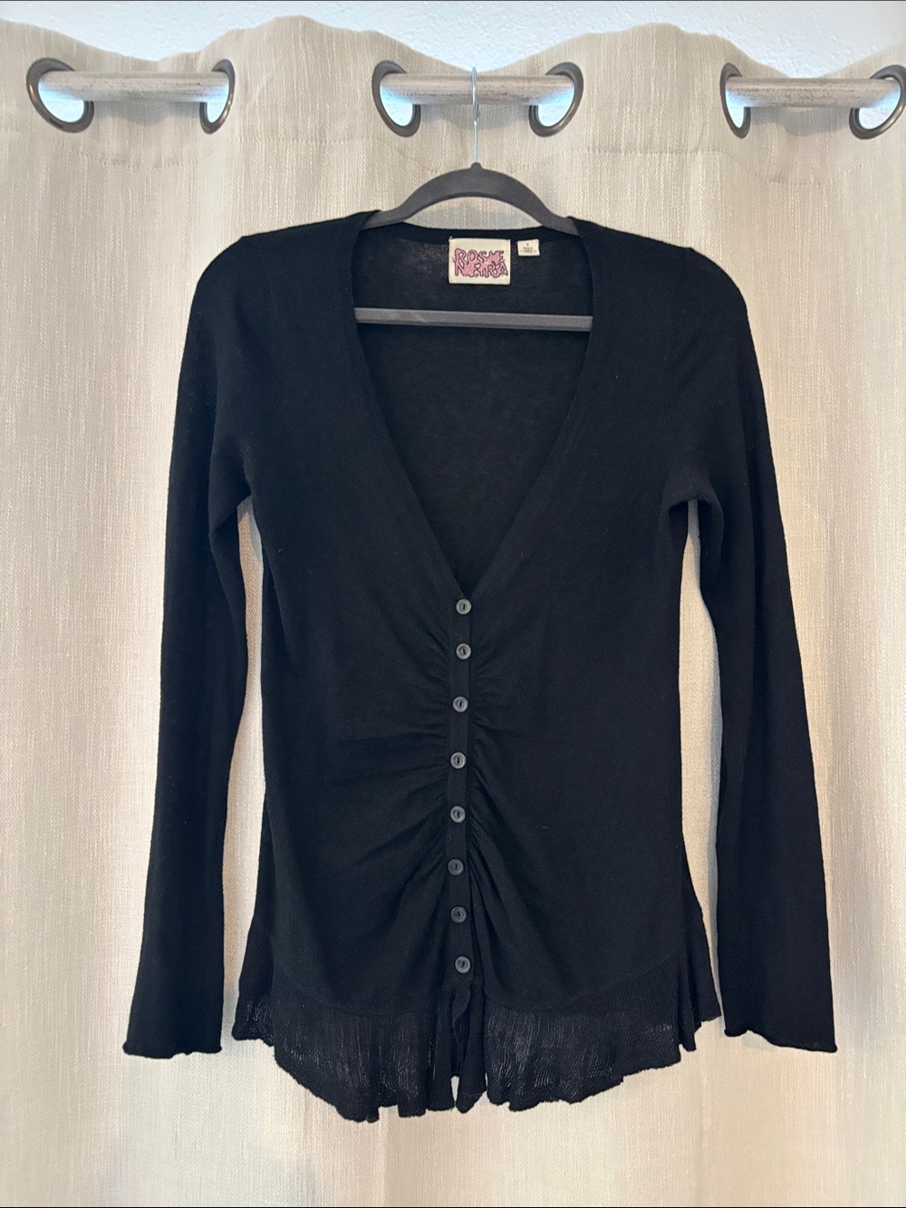 Black Button-Front Womens Top by Roxy - Ruched V-Neck Long Sleeve